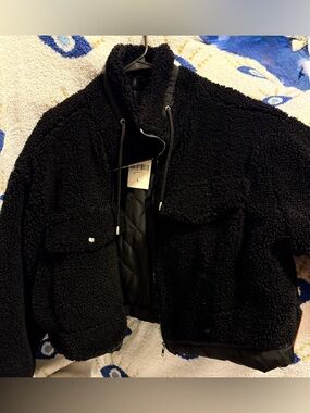 Forever 21 Black Plush Sherpa Jacket with Hood